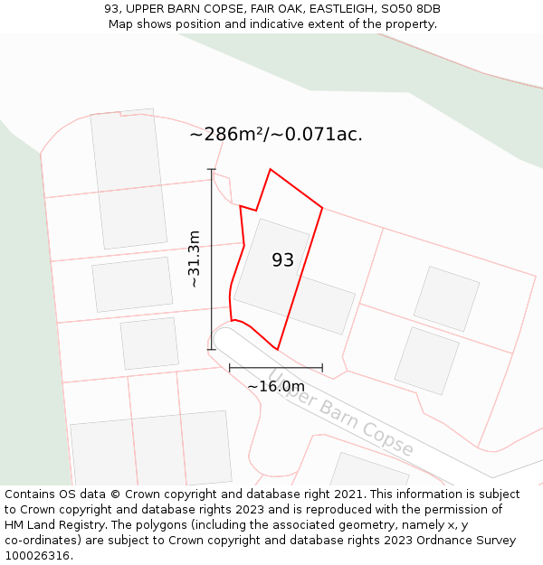 93, UPPER BARN COPSE, FAIR OAK, EASTLEIGH, SO50 8DB: Plot and title map