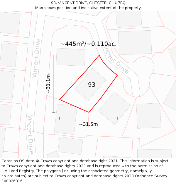 93, VINCENT DRIVE, CHESTER, CH4 7RQ: Plot and title map