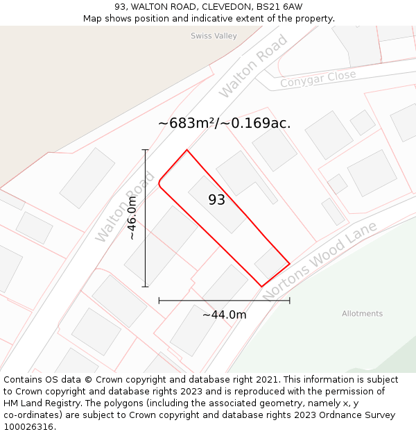 93, WALTON ROAD, CLEVEDON, BS21 6AW: Plot and title map