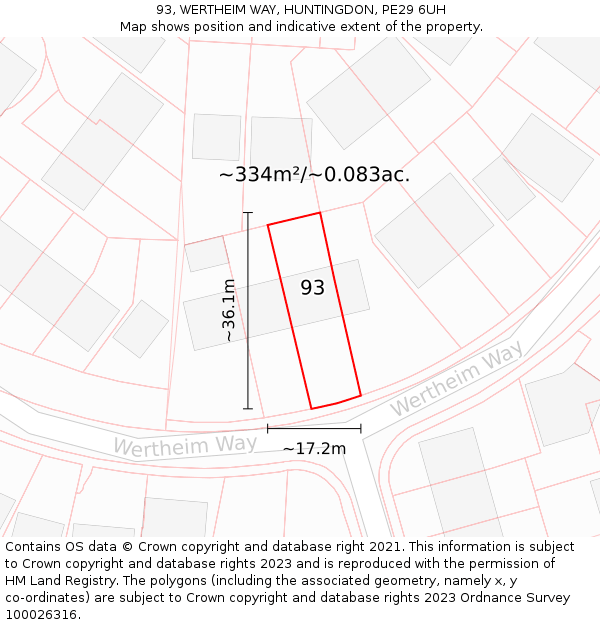 93, WERTHEIM WAY, HUNTINGDON, PE29 6UH: Plot and title map