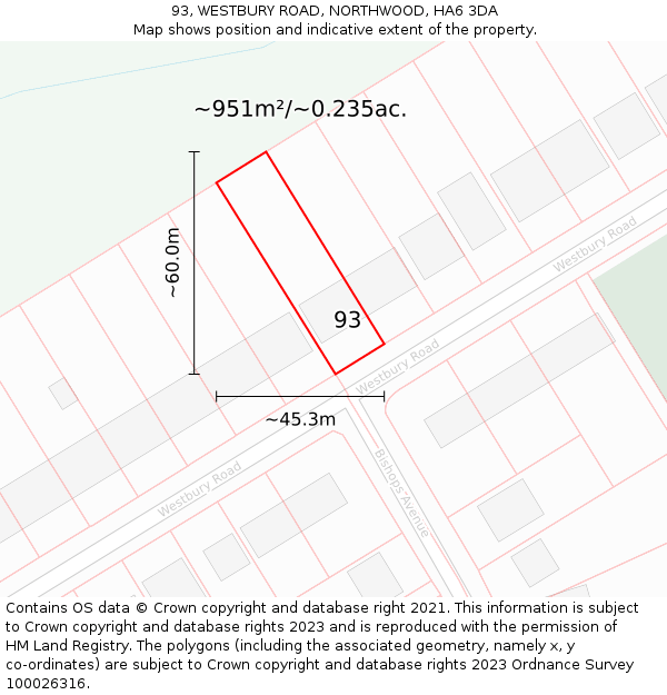 93, WESTBURY ROAD, NORTHWOOD, HA6 3DA: Plot and title map