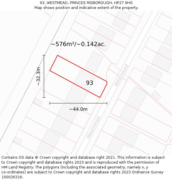 93, WESTMEAD, PRINCES RISBOROUGH, HP27 9HS: Plot and title map