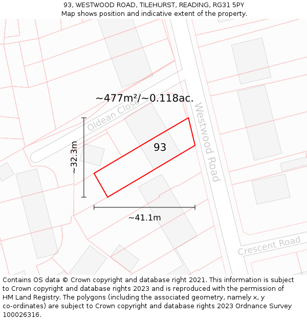 93, WESTWOOD ROAD, TILEHURST, READING, RG31 5PY: Plot and title map