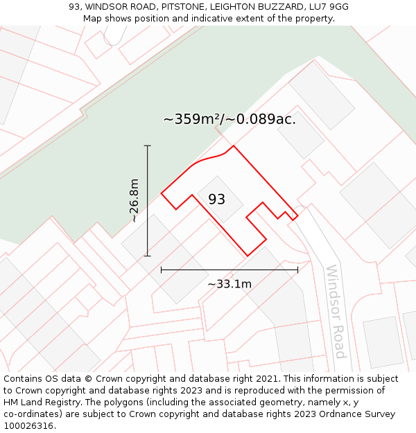93, WINDSOR ROAD, PITSTONE, LEIGHTON BUZZARD, LU7 9GG: Plot and title map