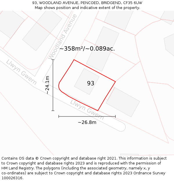 93, WOODLAND AVENUE, PENCOED, BRIDGEND, CF35 6UW: Plot and title map