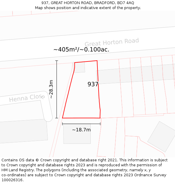937, GREAT HORTON ROAD, BRADFORD, BD7 4AQ: Plot and title map