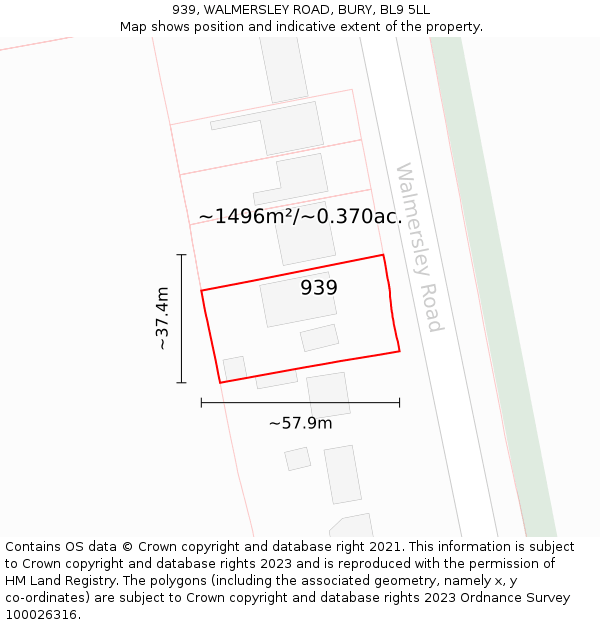 939, WALMERSLEY ROAD, BURY, BL9 5LL: Plot and title map