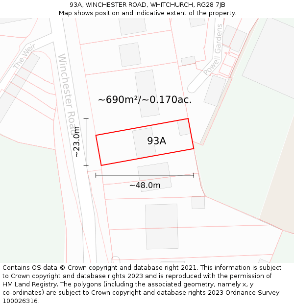 93A, WINCHESTER ROAD, WHITCHURCH, RG28 7JB: Plot and title map