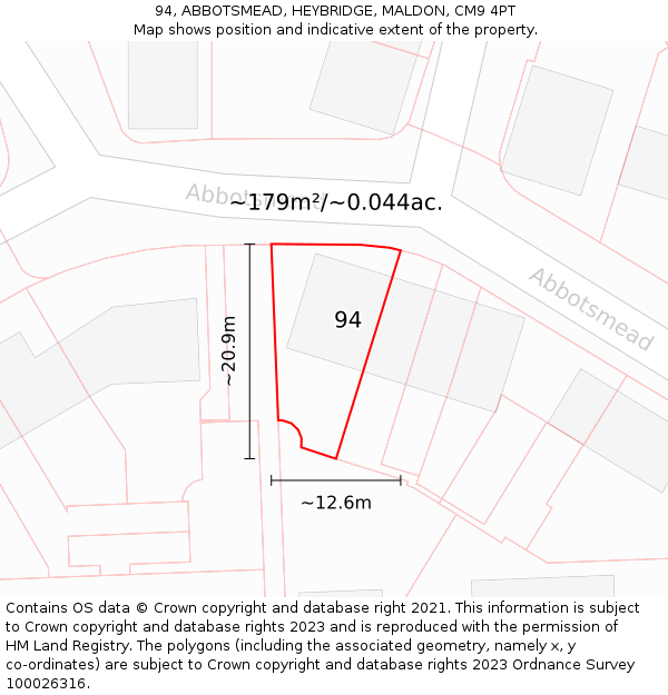 94, ABBOTSMEAD, HEYBRIDGE, MALDON, CM9 4PT: Plot and title map