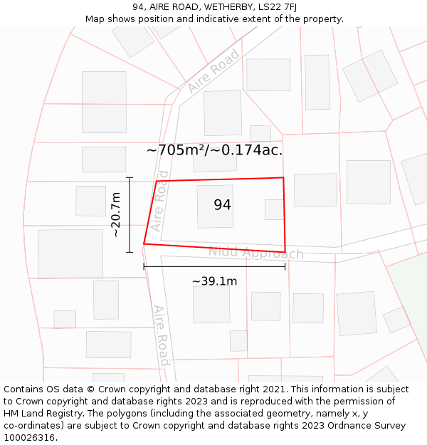 94, AIRE ROAD, WETHERBY, LS22 7FJ: Plot and title map