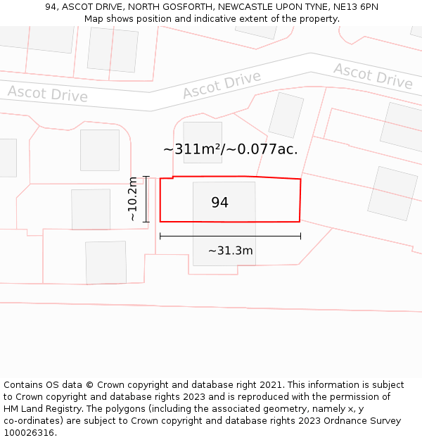 94, ASCOT DRIVE, NORTH GOSFORTH, NEWCASTLE UPON TYNE, NE13 6PN: Plot and title map