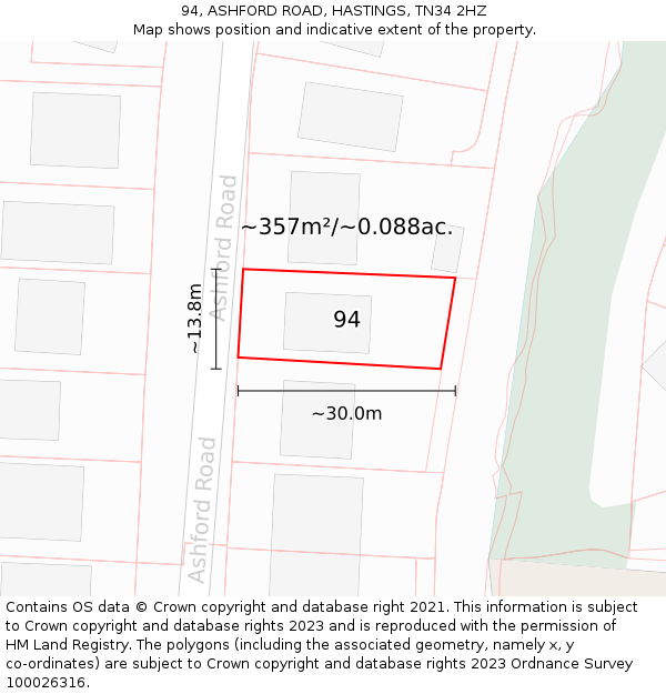 94, ASHFORD ROAD, HASTINGS, TN34 2HZ: Plot and title map