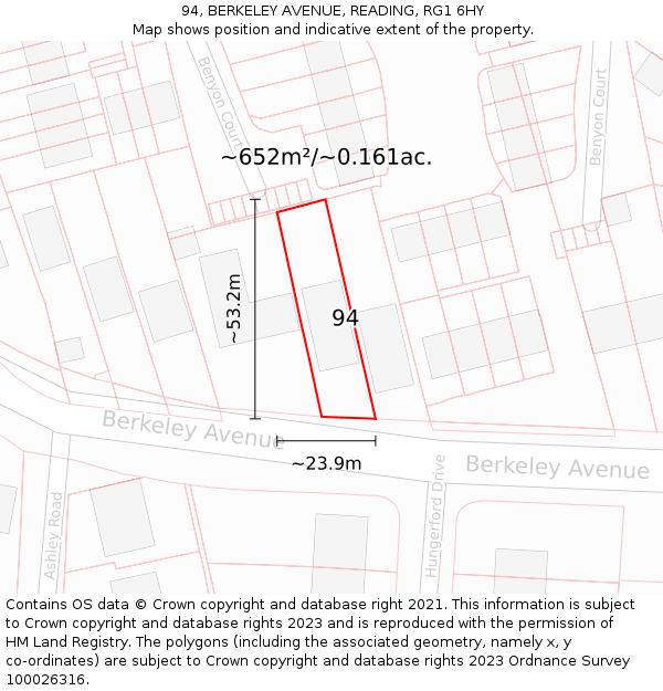 94, BERKELEY AVENUE, READING, RG1 6HY: Plot and title map