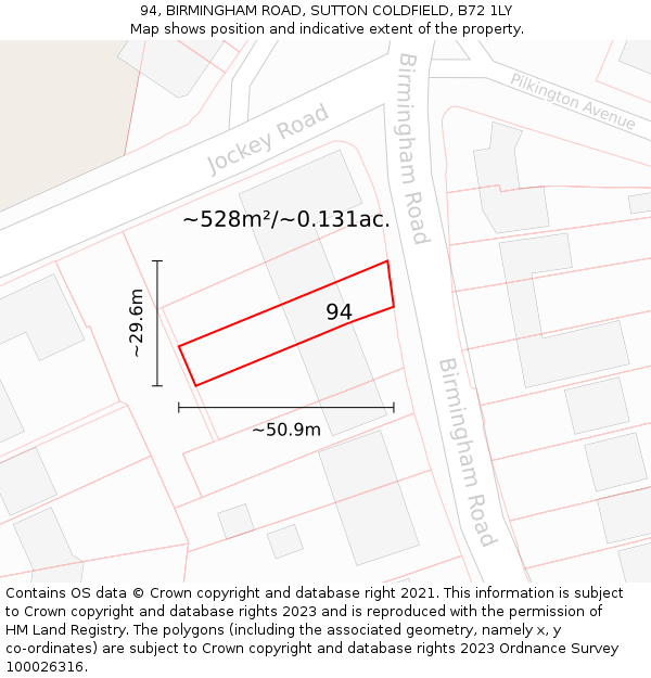 94, BIRMINGHAM ROAD, SUTTON COLDFIELD, B72 1LY: Plot and title map