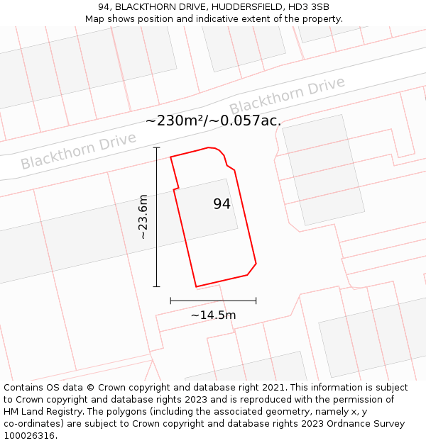 94, BLACKTHORN DRIVE, HUDDERSFIELD, HD3 3SB: Plot and title map
