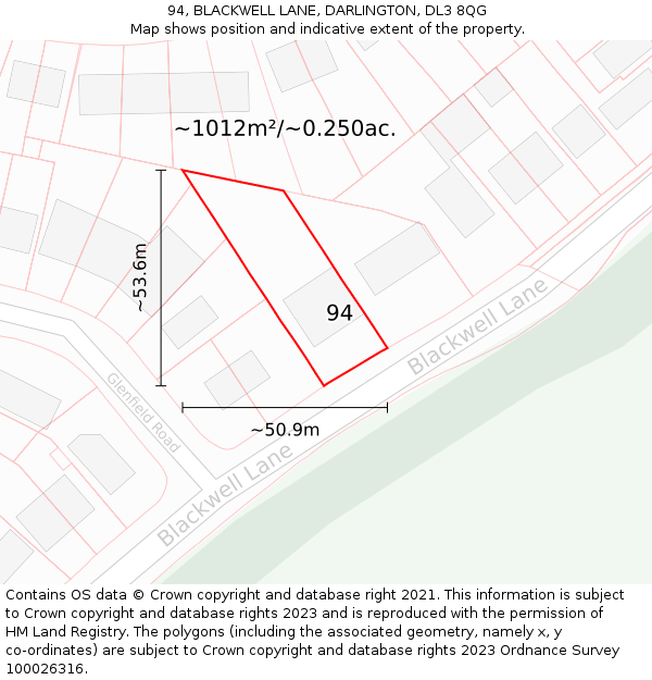 94, BLACKWELL LANE, DARLINGTON, DL3 8QG: Plot and title map