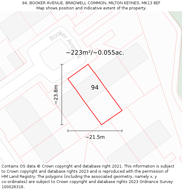94, BOOKER AVENUE, BRADWELL COMMON, MILTON KEYNES, MK13 8EF: Plot and title map
