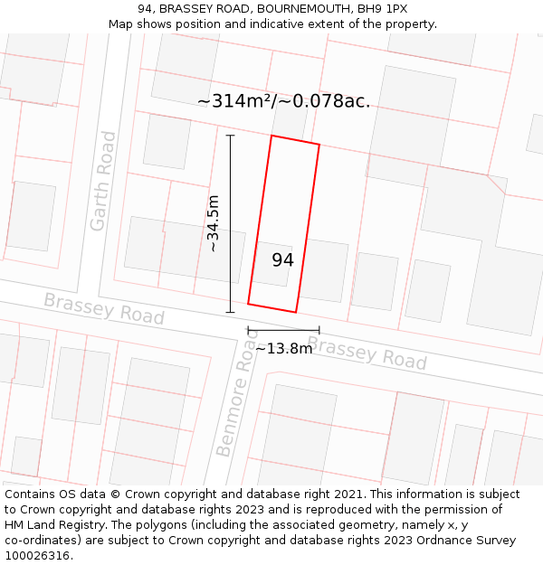 94, BRASSEY ROAD, BOURNEMOUTH, BH9 1PX: Plot and title map