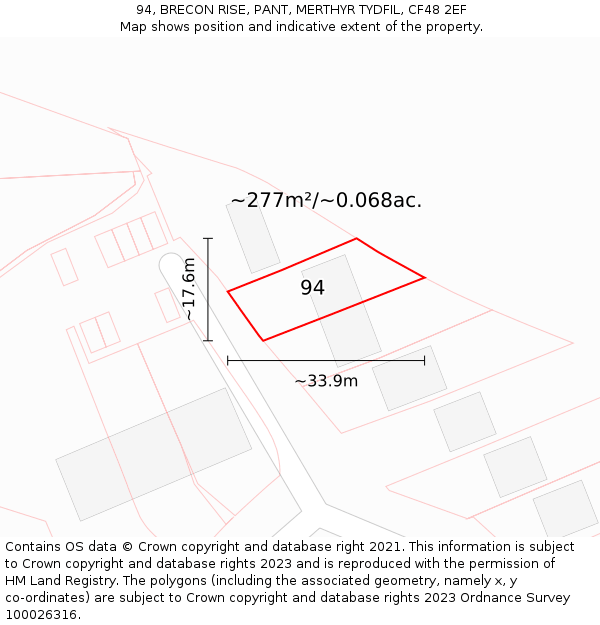 94, BRECON RISE, PANT, MERTHYR TYDFIL, CF48 2EF: Plot and title map
