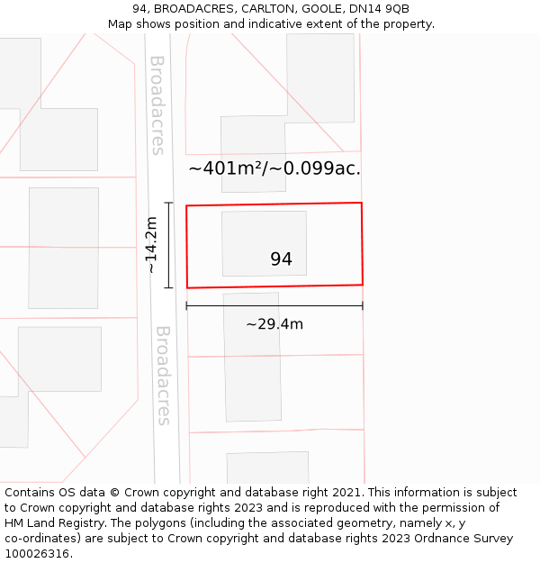 94, BROADACRES, CARLTON, GOOLE, DN14 9QB: Plot and title map