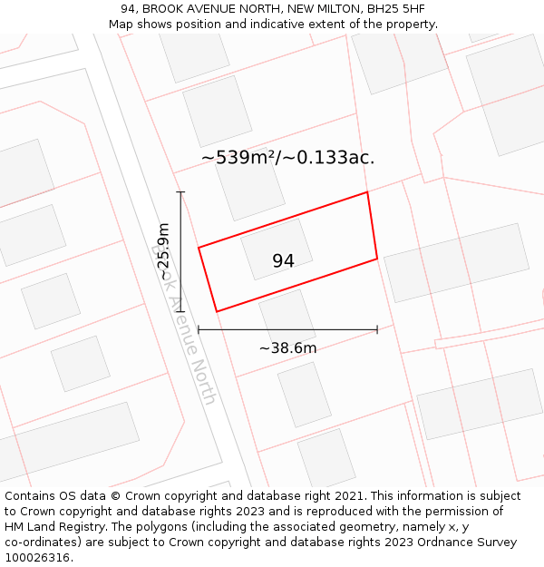 94, BROOK AVENUE NORTH, NEW MILTON, BH25 5HF: Plot and title map