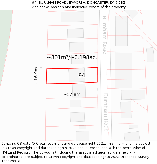 94, BURNHAM ROAD, EPWORTH, DONCASTER, DN9 1BZ: Plot and title map
