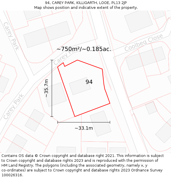 94, CAREY PARK, KILLIGARTH, LOOE, PL13 2JP: Plot and title map