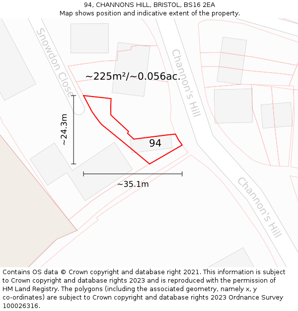 94, CHANNONS HILL, BRISTOL, BS16 2EA: Plot and title map