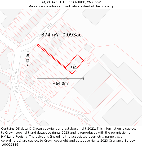94, CHAPEL HILL, BRAINTREE, CM7 3QZ: Plot and title map