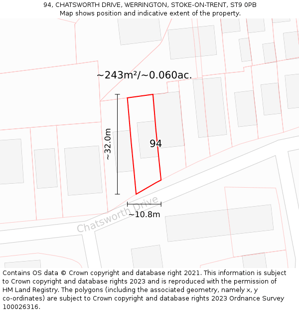 94, CHATSWORTH DRIVE, WERRINGTON, STOKE-ON-TRENT, ST9 0PB: Plot and title map