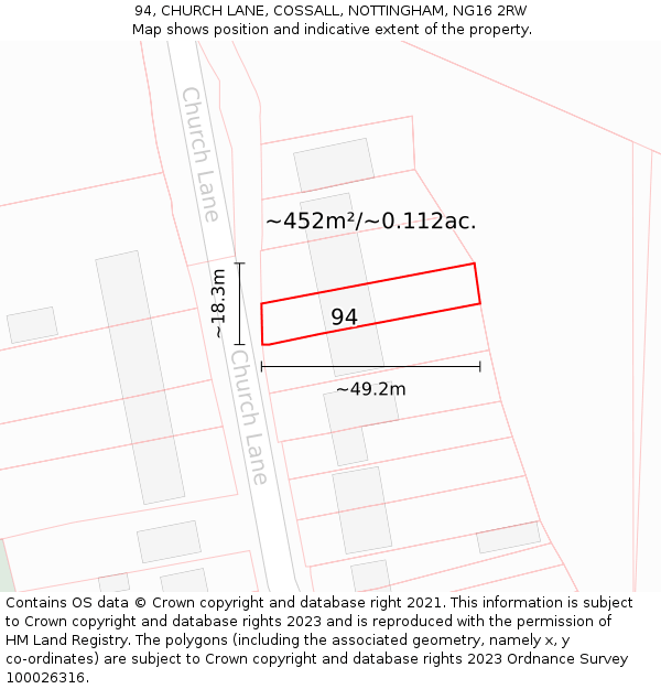 94, CHURCH LANE, COSSALL, NOTTINGHAM, NG16 2RW: Plot and title map