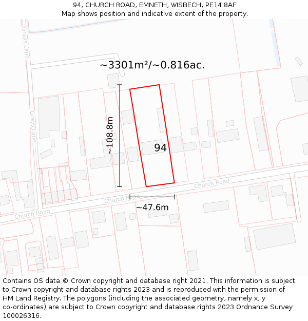 94, CHURCH ROAD, EMNETH, WISBECH, PE14 8AF: Plot and title map
