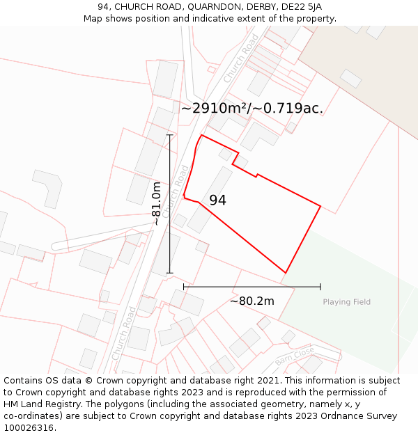 94, CHURCH ROAD, QUARNDON, DERBY, DE22 5JA: Plot and title map