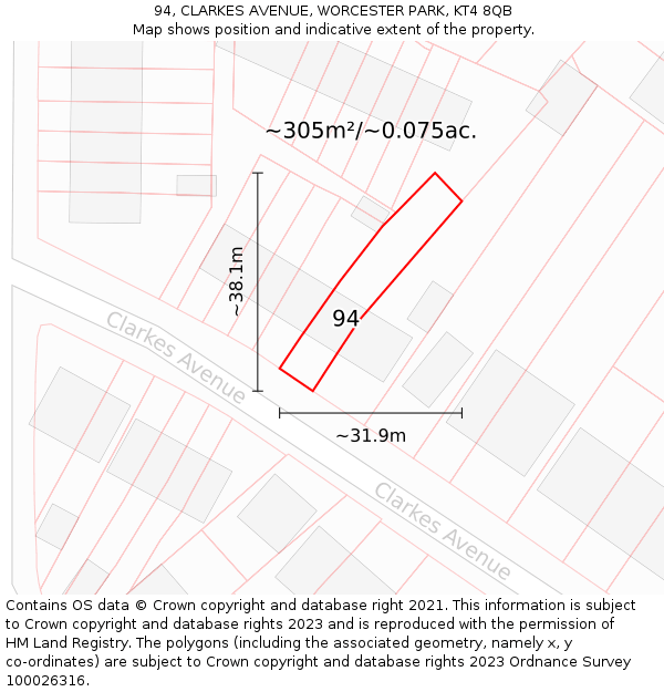 94, CLARKES AVENUE, WORCESTER PARK, KT4 8QB: Plot and title map