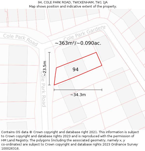 94, COLE PARK ROAD, TWICKENHAM, TW1 1JA: Plot and title map