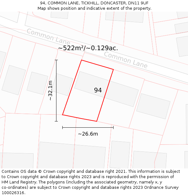 94, COMMON LANE, TICKHILL, DONCASTER, DN11 9UF: Plot and title map