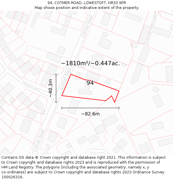 94, COTMER ROAD, LOWESTOFT, NR33 9PR: Plot and title map