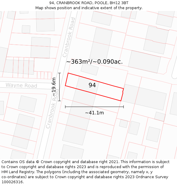 94, CRANBROOK ROAD, POOLE, BH12 3BT: Plot and title map