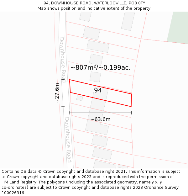 94, DOWNHOUSE ROAD, WATERLOOVILLE, PO8 0TY: Plot and title map