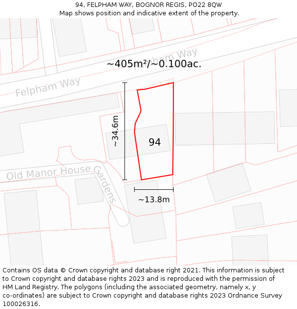 94, FELPHAM WAY, BOGNOR REGIS, PO22 8QW: Plot and title map