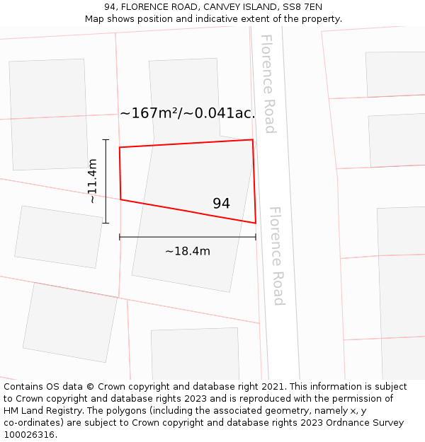 94, FLORENCE ROAD, CANVEY ISLAND, SS8 7EN: Plot and title map