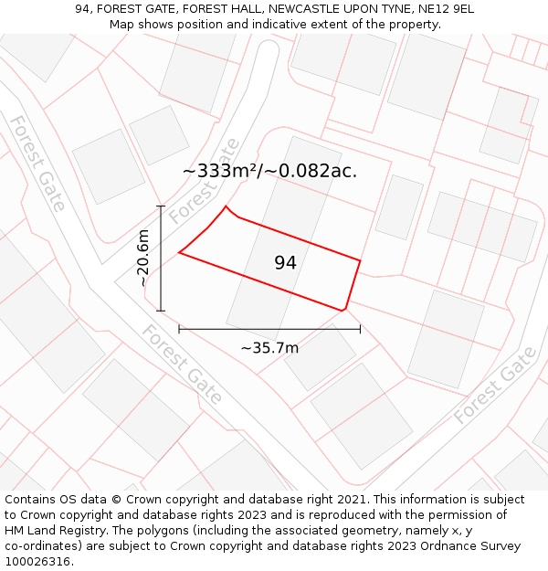 94, FOREST GATE, FOREST HALL, NEWCASTLE UPON TYNE, NE12 9EL: Plot and title map
