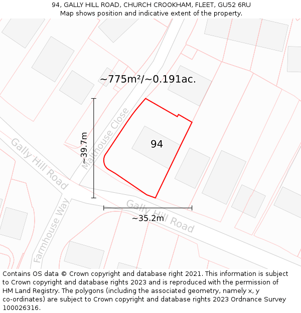 94, GALLY HILL ROAD, CHURCH CROOKHAM, FLEET, GU52 6RU: Plot and title map
