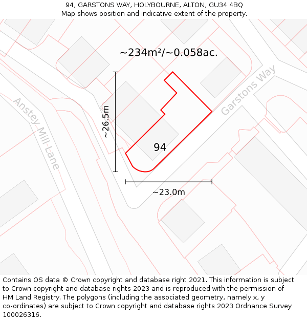 94, GARSTONS WAY, HOLYBOURNE, ALTON, GU34 4BQ: Plot and title map