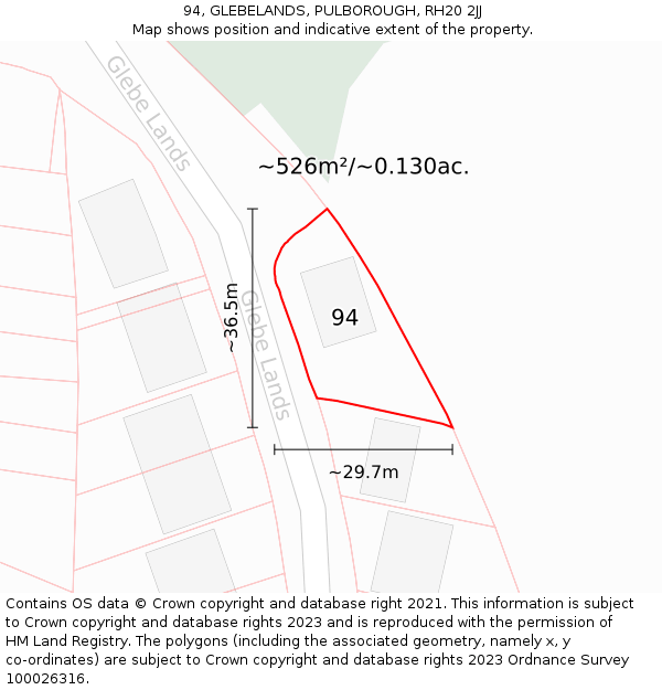 94, GLEBELANDS, PULBOROUGH, RH20 2JJ: Plot and title map