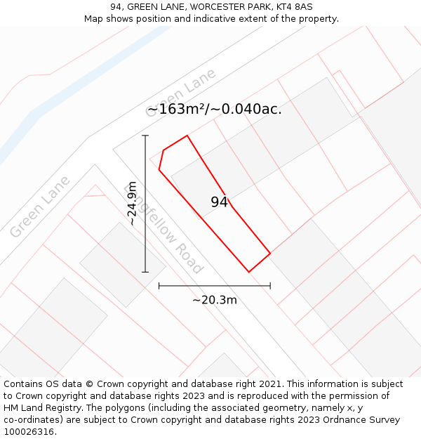94, GREEN LANE, WORCESTER PARK, KT4 8AS: Plot and title map