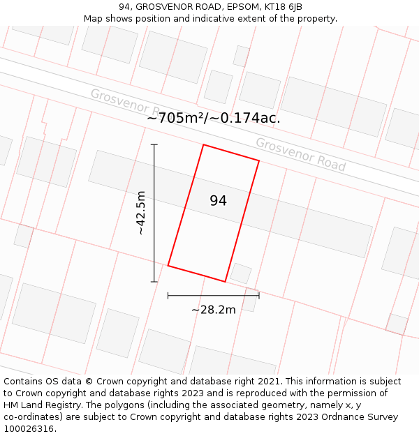 94, GROSVENOR ROAD, EPSOM, KT18 6JB: Plot and title map