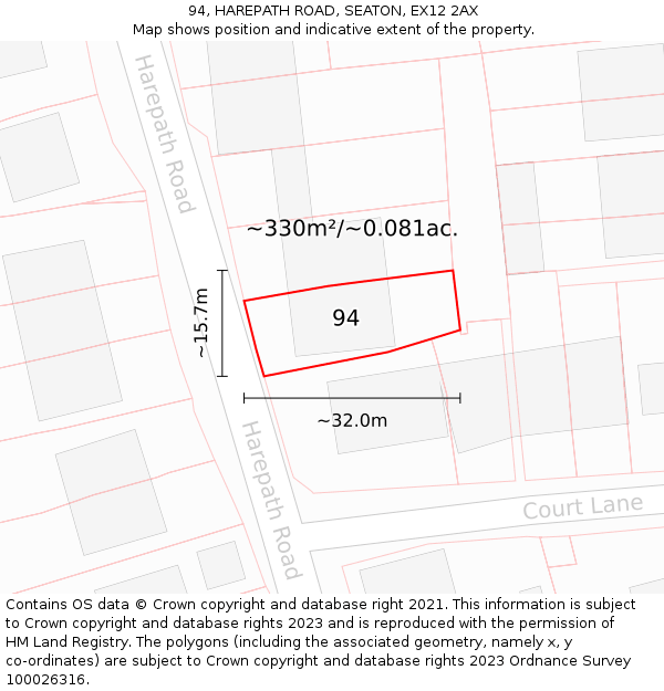 94, HAREPATH ROAD, SEATON, EX12 2AX: Plot and title map