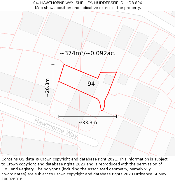 94, HAWTHORNE WAY, SHELLEY, HUDDERSFIELD, HD8 8PX: Plot and title map