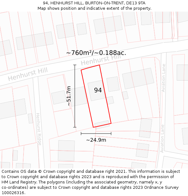94, HENHURST HILL, BURTON-ON-TRENT, DE13 9TA: Plot and title map